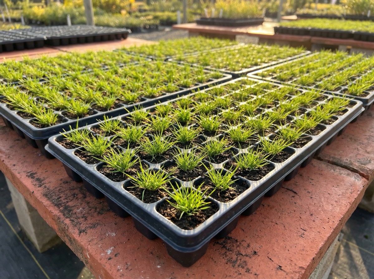 Plaque alvéolaire de 77 plants de gazon Paspalum vaginatum vue de dessus, plants enracinés, pépinière Belkora au Maroc